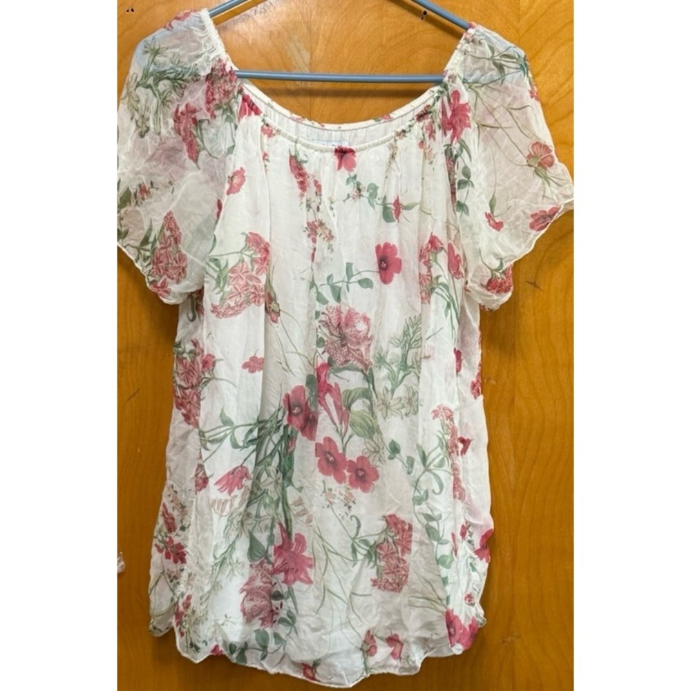 Luisa Ricci Silk Romantic Floral Peasant Boho Blouse Sheer Puff Sleeve Flowy L - Picture 2 of 12